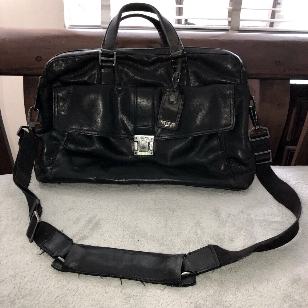 TUMI Beacon Hill Black Leather Padded Laptop Briefcase with Strap #068560